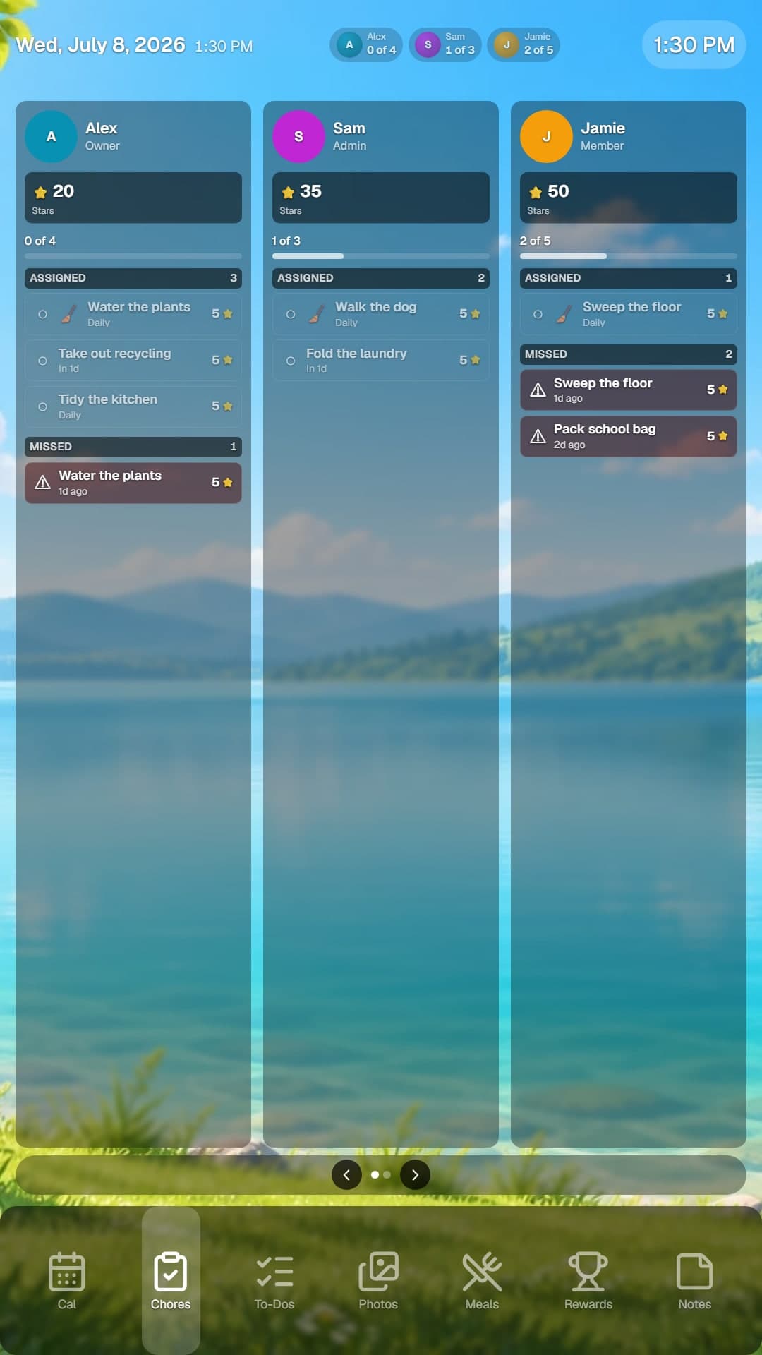 The same Flowboard board in portrait on a tablet, with the chore columns stacked and the tabs along the bottom.
