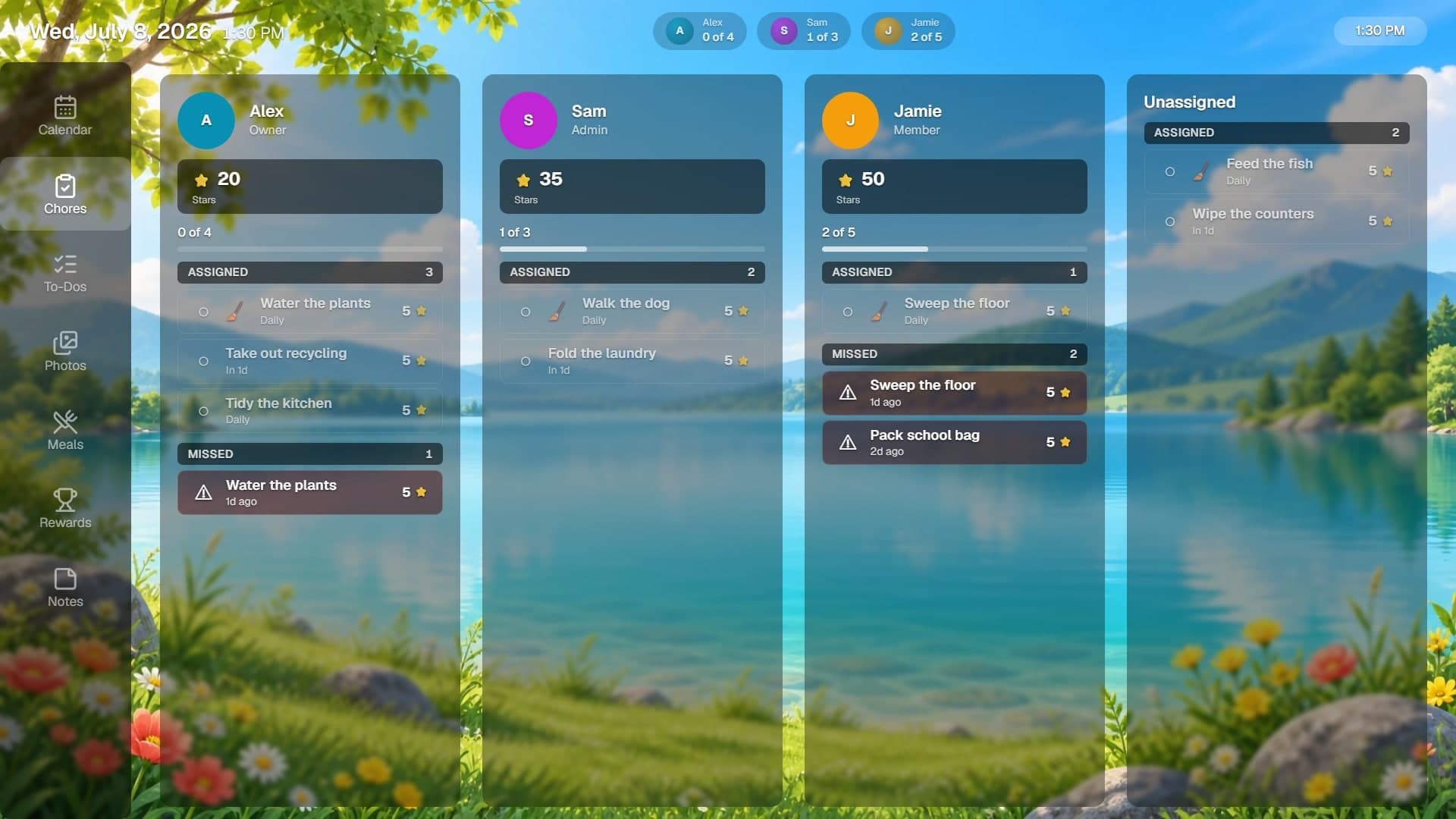 The Delta chores screen with a column per family member showing assigned chores, points earned, and anything missed.