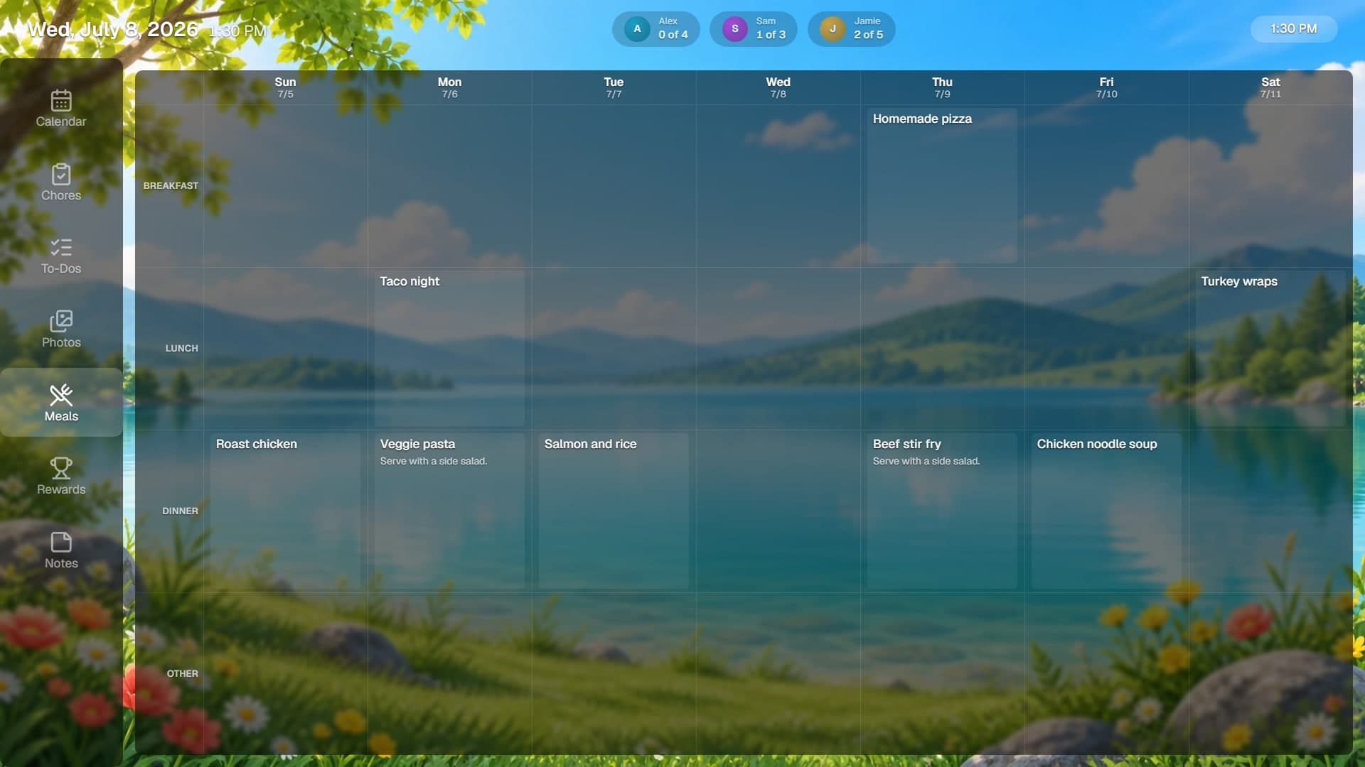 The Delta meals screen showing breakfast, lunch and dinner planned across the week.