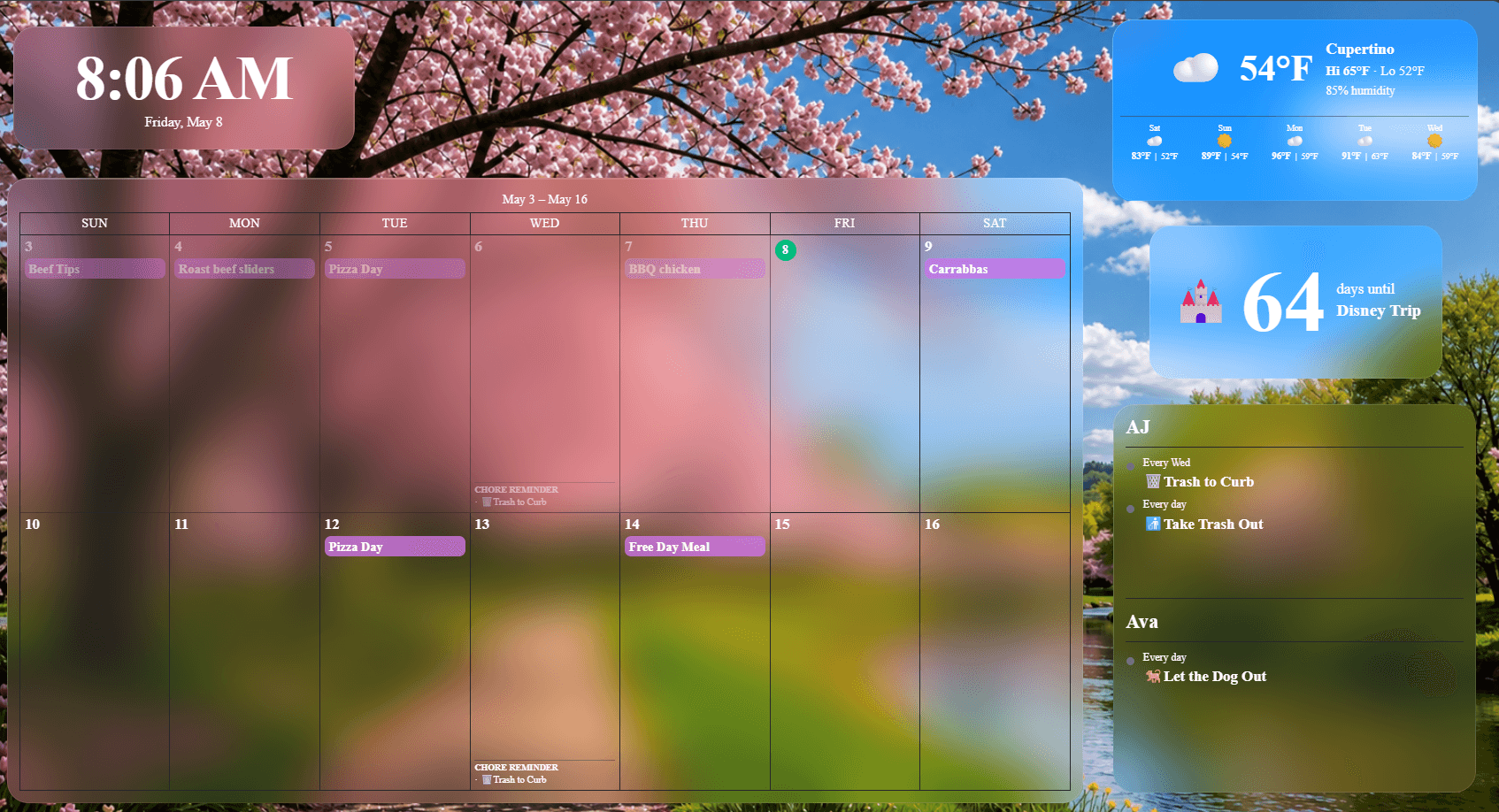 Flowboard display with calendar, weather, chores, and countdown widgets