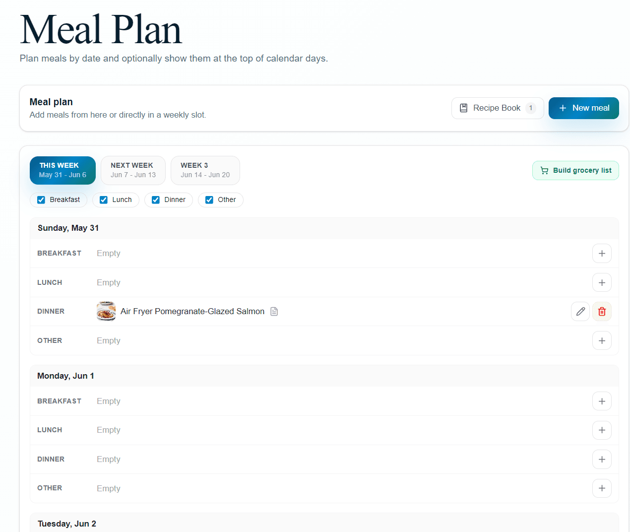 Flowboard meal plan dashboard showing three weeks of planned meals by day and slot