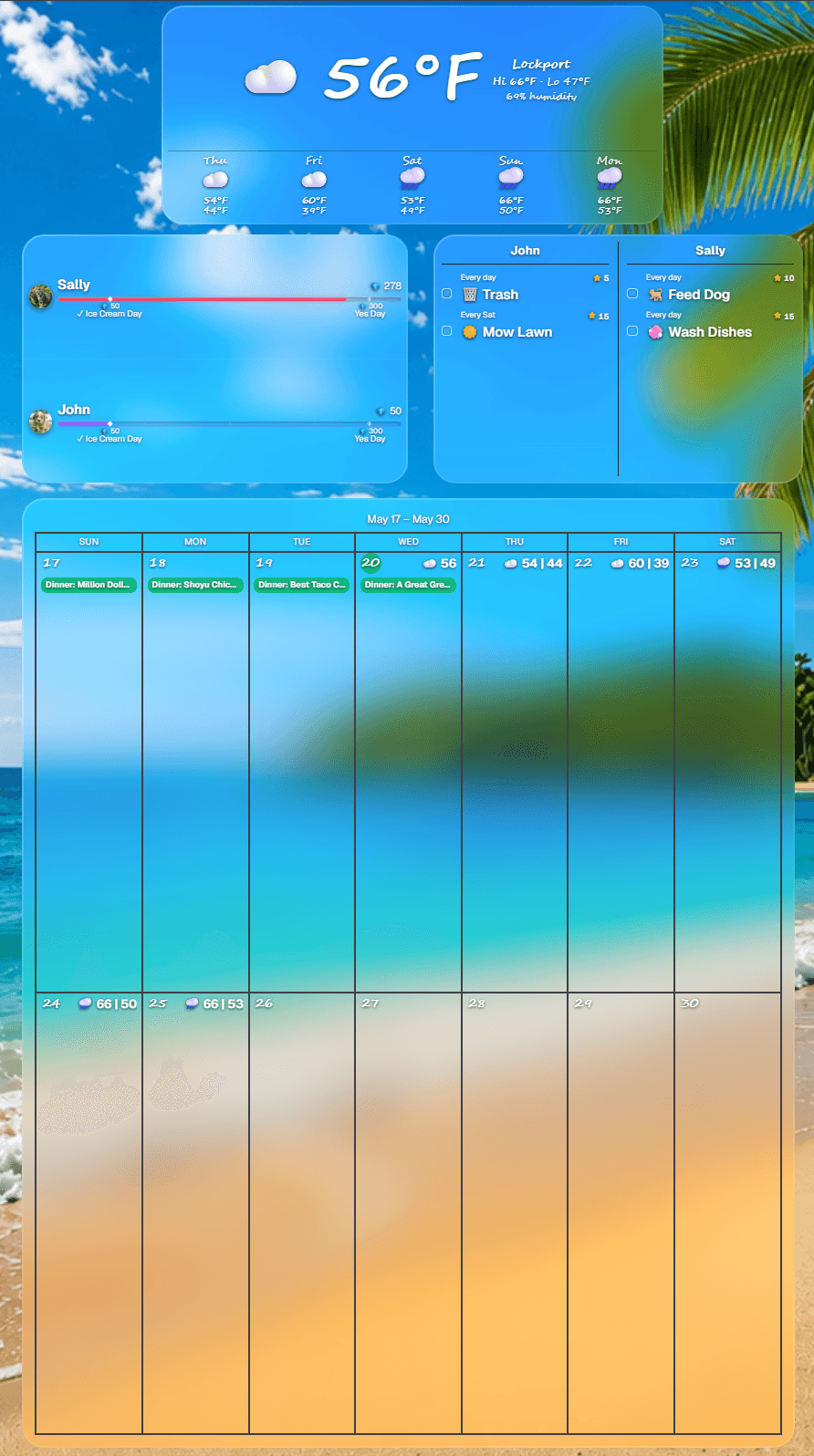 Portrait Flowboard display with weekly calendar, chores, and rewards