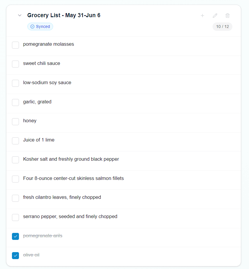 Flowboard grocery list generated from the week's meal plan ingredients, shown as a checkable to-do list synced to Google Tasks