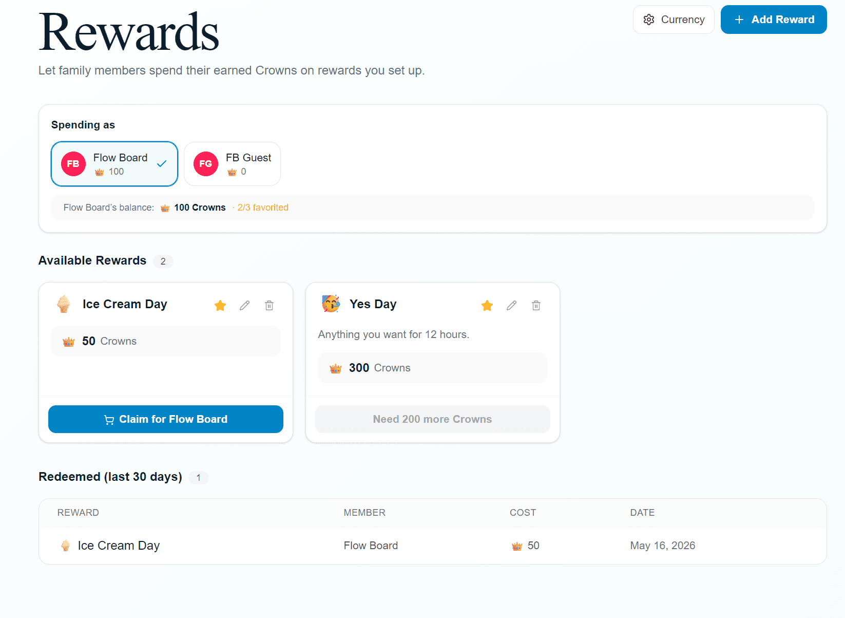Flowboard rewards dashboard showing member balances at top, available rewards with Claim buttons, and 30-day redemption history table