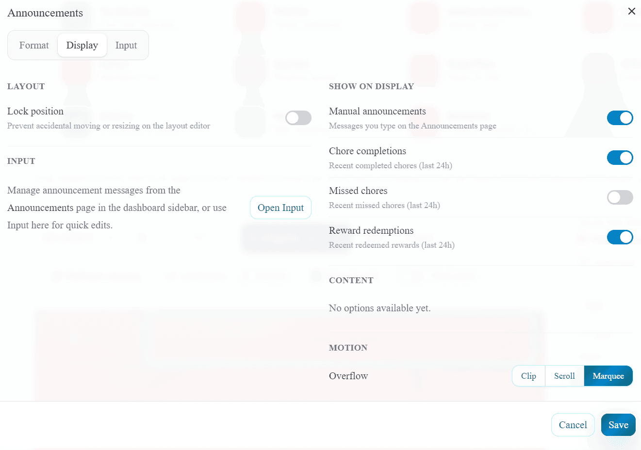 Announcements widget display settings with toggles for manual announcements, chore completions, missed chores, and reward redemptions