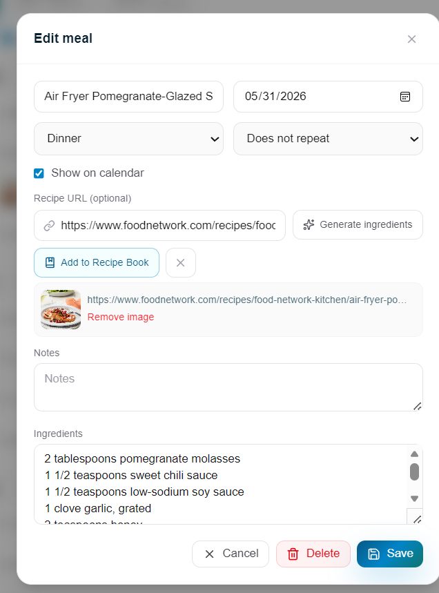 Flowboard edit meal modal showing recipe URL input, auto-fetched dish image, Recipe Book button, and extracted ingredient list