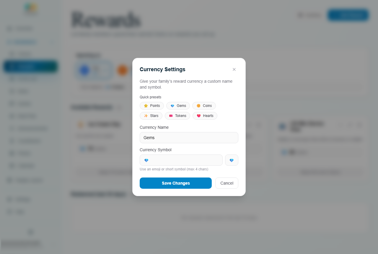 Currency settings showing custom name and emoji symbol fields